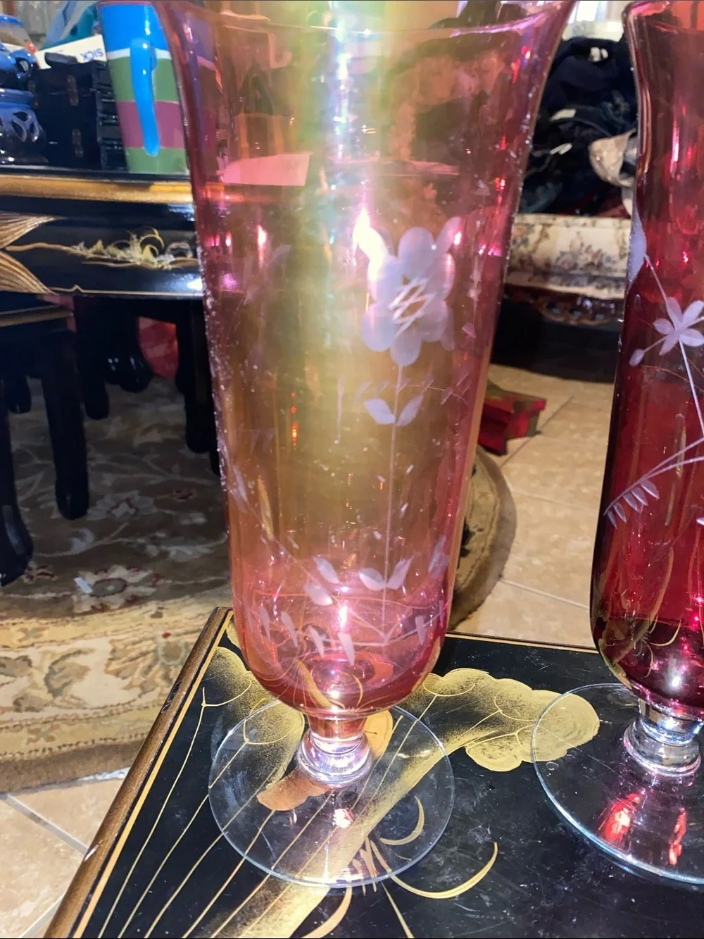 Vintage Hand-Etched Ruby and Rose Pink Glass Vases - Elegant Floral Design
